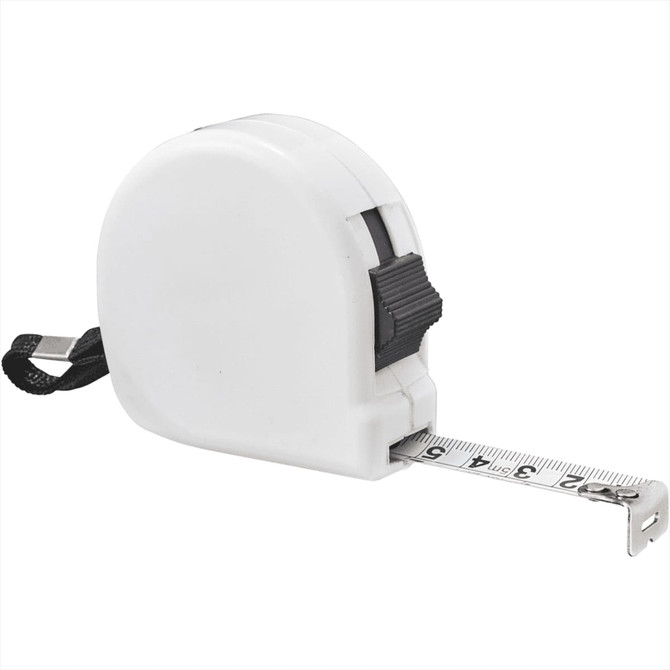 A white measuring tape with a retractable design, featuring a black push button and a measuring scale extending from the case.