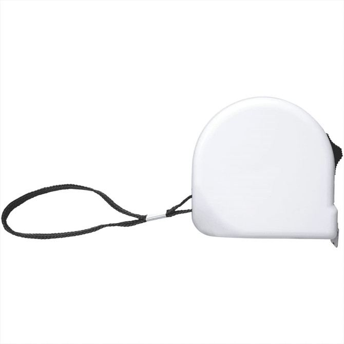A white measuring tape with a black retractable cord, featuring a logo on its surface.