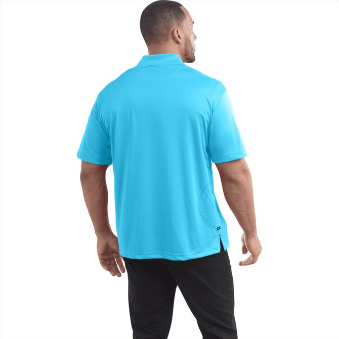 A men's short sleeve polo shirt in bright blue, featuring a logo on the back.