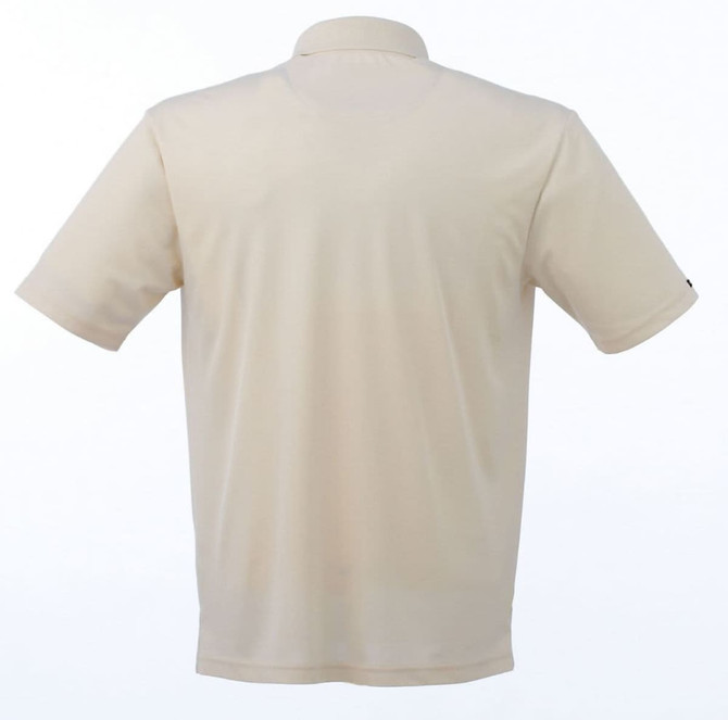 A beige short sleeve polo shirt for men featuring a back view and a small logo on one sleeve.