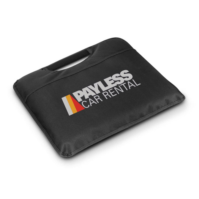 A black stadium cushion featuring a handle and a logo on the front. Suitable for outdoor events and leisure use.