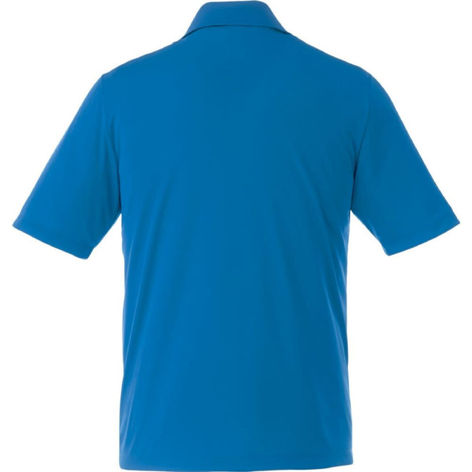 A blue short sleeve polo shirt with a solid back design and a collar, featuring a logo.