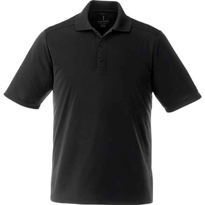A black short sleeve polo shirt with a collar and button placket, featuring a logo on the chest.