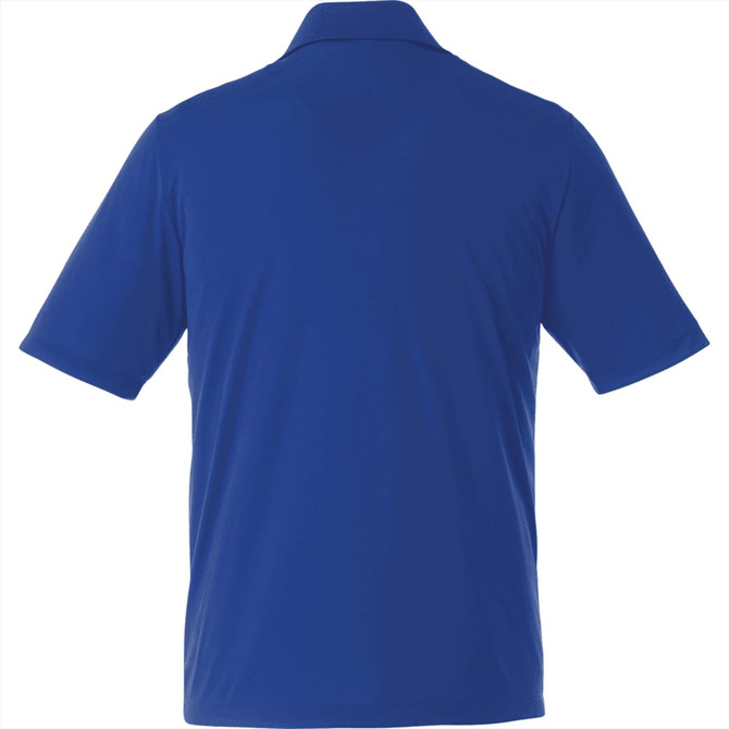A men's short sleeve polo shirt in a solid blue colour, featuring a collar and a logo on the back.