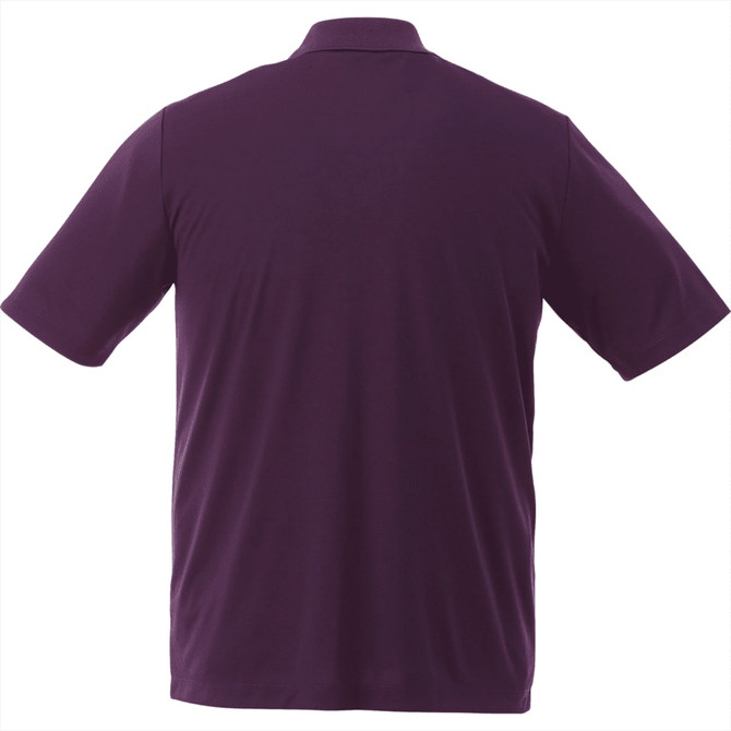 A short sleeve polo shirt in a solid deep purple colour, featuring a collar and a logo on the back.