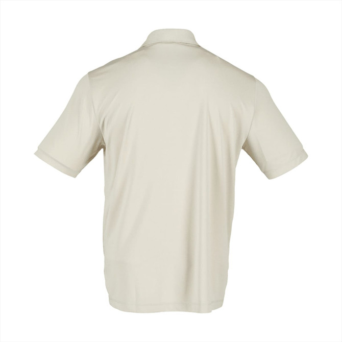 A light beige men's short sleeve polo shirt featuring a back view and a branding logo.