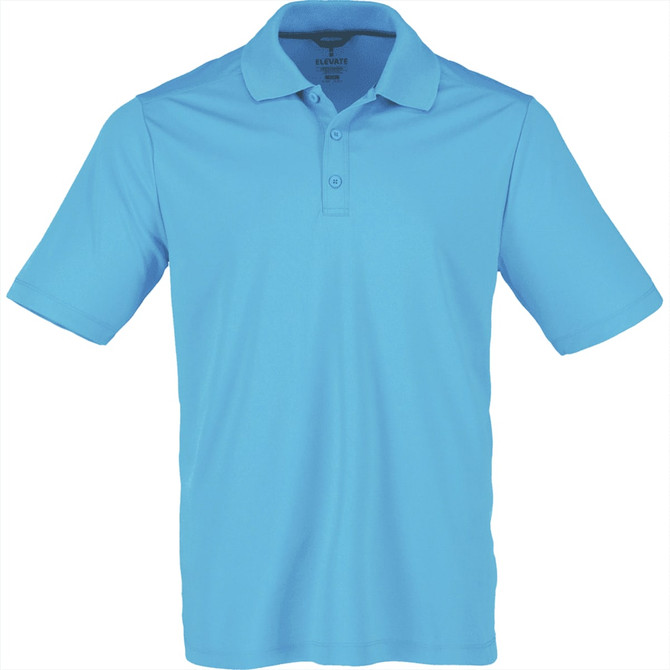 A short sleeve polo shirt in a light blue colour with a collar and three buttons. It features a logo.