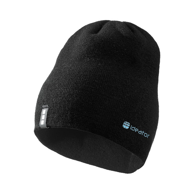A black unisex beanie featuring a logo, showcasing a simple and stylish design.