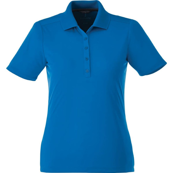A women's short sleeve polo shirt in bright blue, featuring a classic collar and button placket. It has a logo.