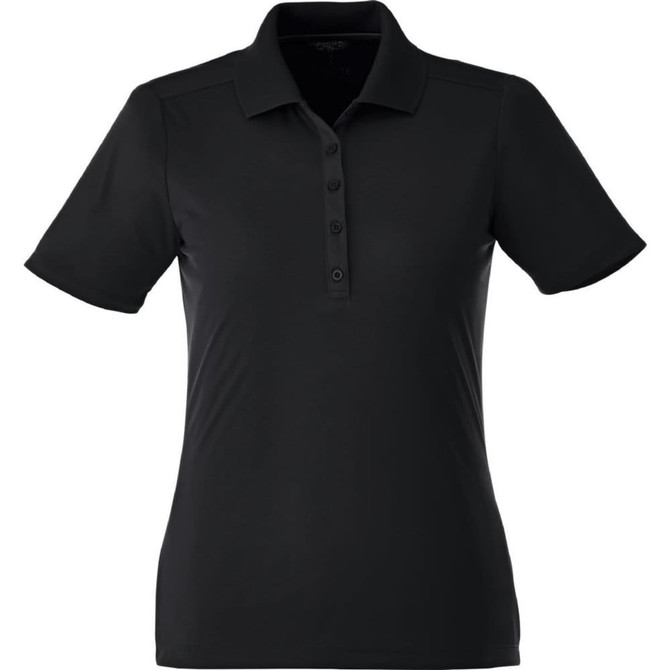 A black women's polo shirt featuring a collar and button placket, with a logo on the chest.