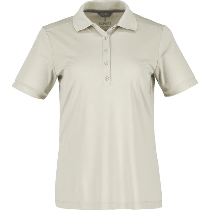 A light beige women's polo shirt with a collar, short sleeves, and a button placket, featuring a logo on the chest.