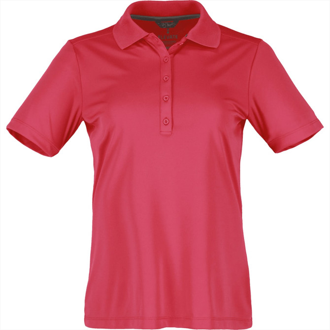 A women's short sleeve polo shirt in bright pink, featuring a collar and buttons, with a logo on the chest.