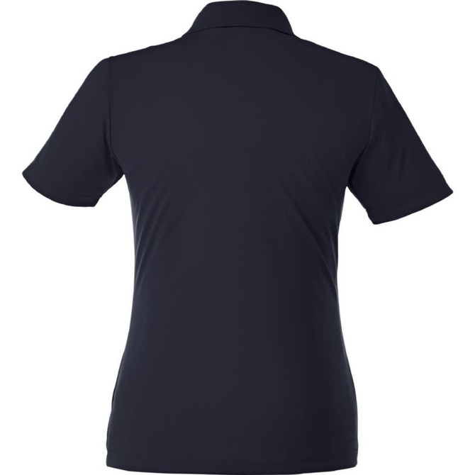 A navy women's polo shirt featuring short sleeves and a collar, with a logo on the back.