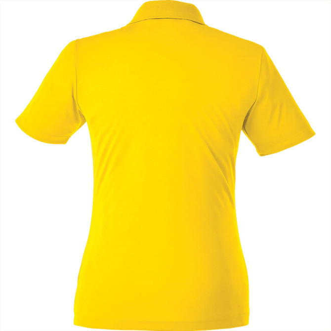 A yellow women's polo shirt featuring short sleeves and a collar, with a branding logo on the back.