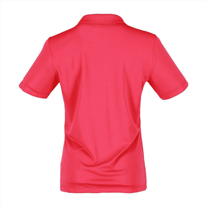 A red women's polo shirt featuring a classic short sleeve design and a collar, with a logo on the back.
