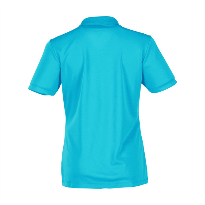 A women's polo shirt in bright aqua blue featuring a collar and short sleeves. The back is smooth with a logo.
