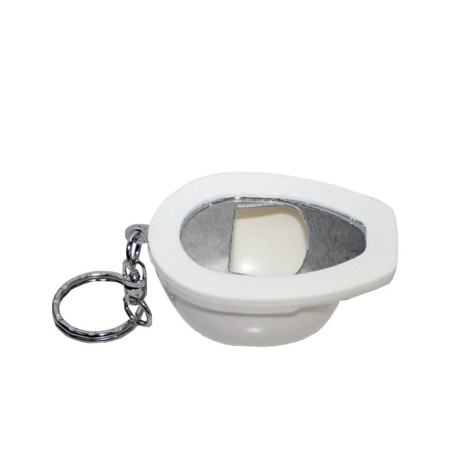 A white hard hat-shaped keyring with a silver keychain attachment.