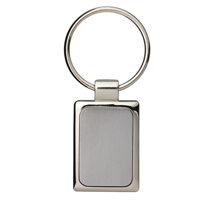 A rectangular silver keyring with a smooth, brushed metal surface and a circular ring for attaching keys.