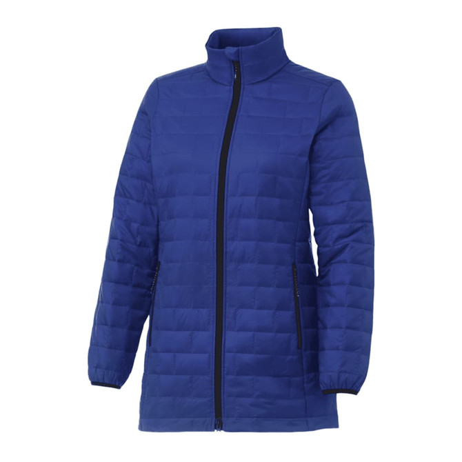 A blue lightweight packable insulated puffer jacket with a high collar and zippered pockets. Features a logo.