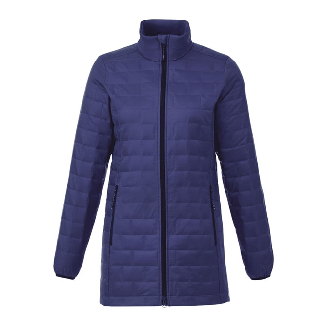 A navy puffer jacket featuring a zip front, high collar, and side pockets. It has a lightweight, insulated design.