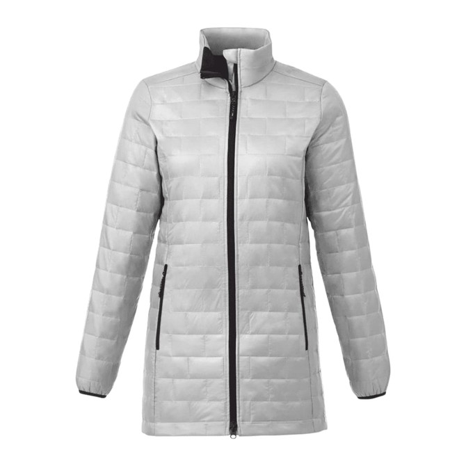A lightweight, packable insulated puffer jacket in grey with a zip front and black accents.