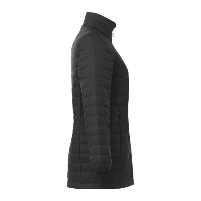 A lightweight, packable women's puffer jacket in black with a front zip and a high collar. It features a logo.