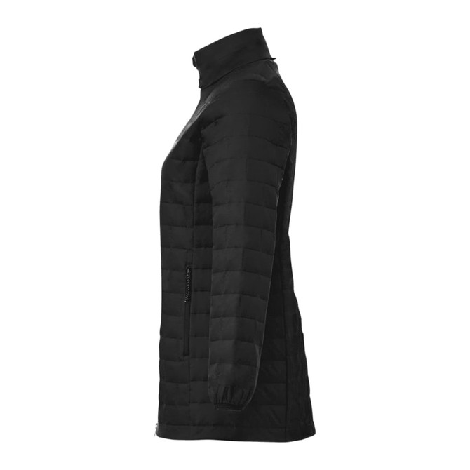 A black, lightweight, packable insulated puffer jacket with a high collar and side zip pockets, featuring a logo.