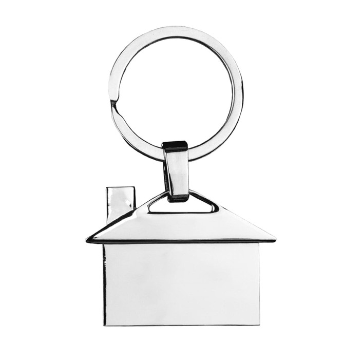A metallic keyring shaped like a house, featuring a polished silver finish and a keyring attachment.