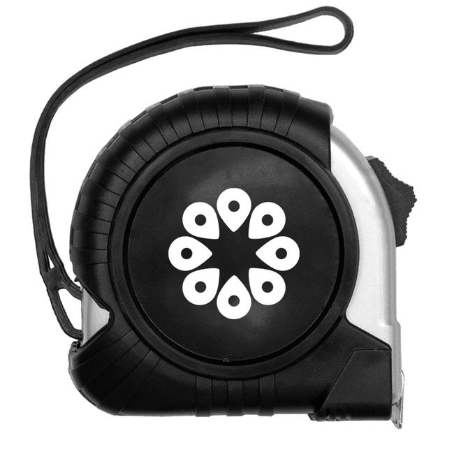 A black and silver Pro Locking Tape Measure with a circular design on the front and a strap attached.