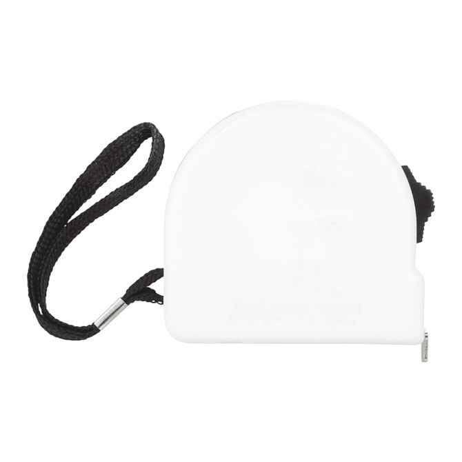 A white locking tape measure with a black strap, suitable for handy measurement tasks. It features a branding logo.