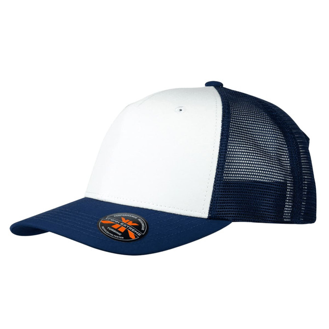 A white and navy trucker cap featuring a mesh back and a logo on the front.