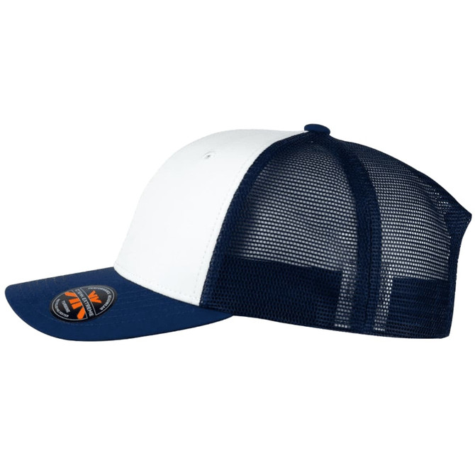 A navy and white trucker cap featuring a mesh back and a logo on the front.