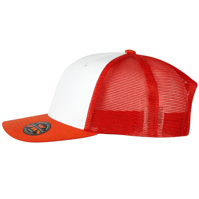A red and white trucker cap with a solid front and mesh back, featuring a logo on the brim.