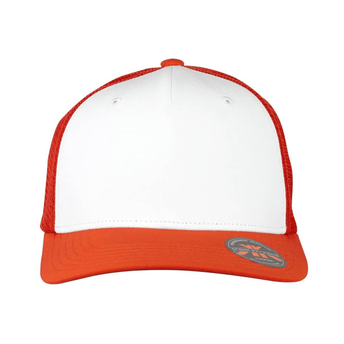 A red and white Turbine Trucker Cap featuring a mesh back and a rounded peak, with a logo on the side.