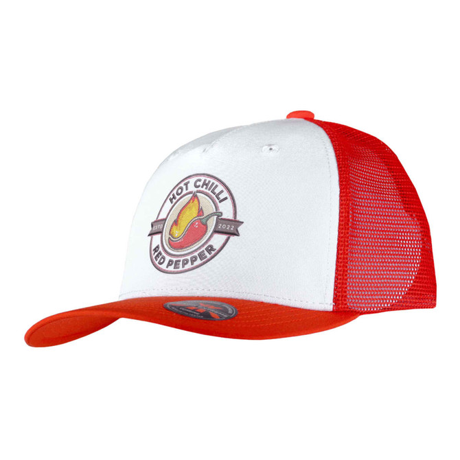 A red and white trucker cap featuring a logo and mesh backing. Ideal for casual wear.