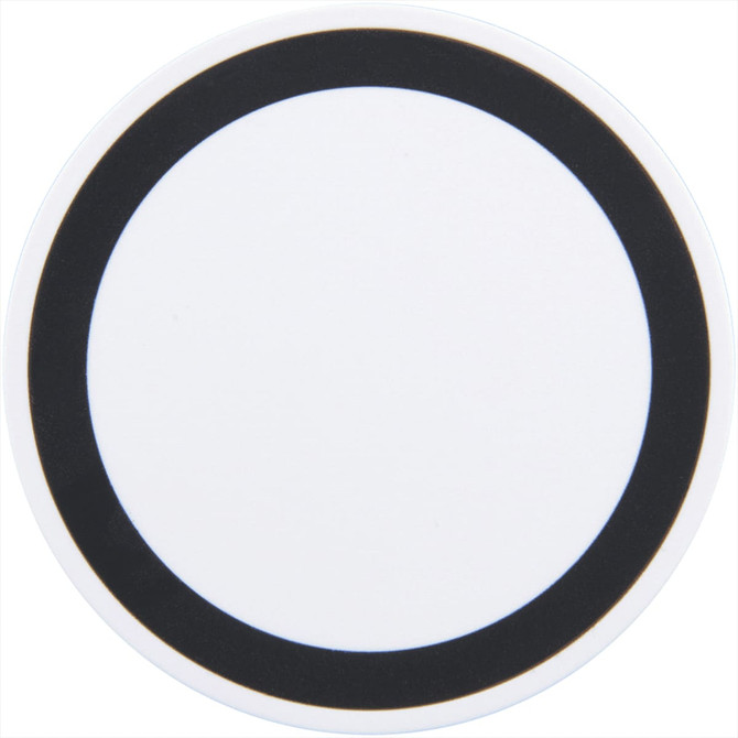 A wireless charging pad in white with a solid black border, featuring a logo.