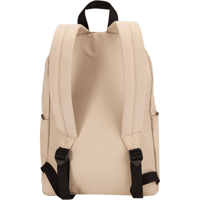 A beige laptop backpack with black straps and side pockets, featuring a simple design and a logo.