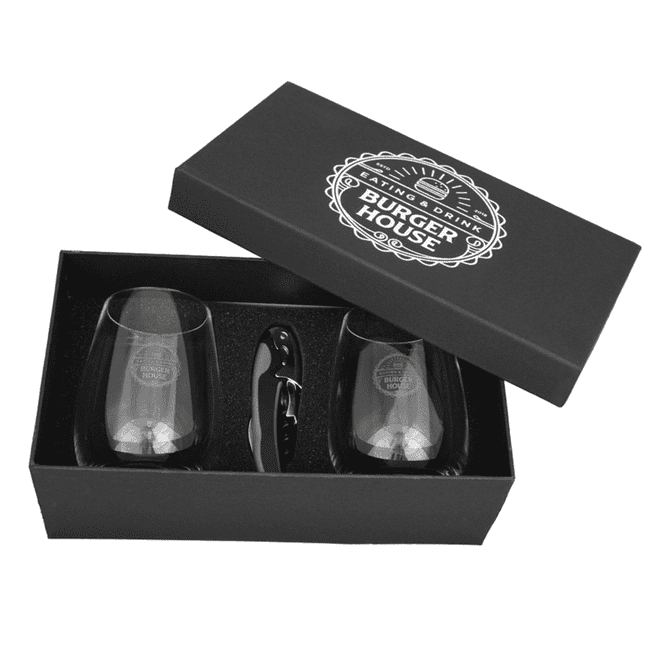 A wine glass set featuring two clear glasses and a corkscrew, presented in a black gift box with a logo.