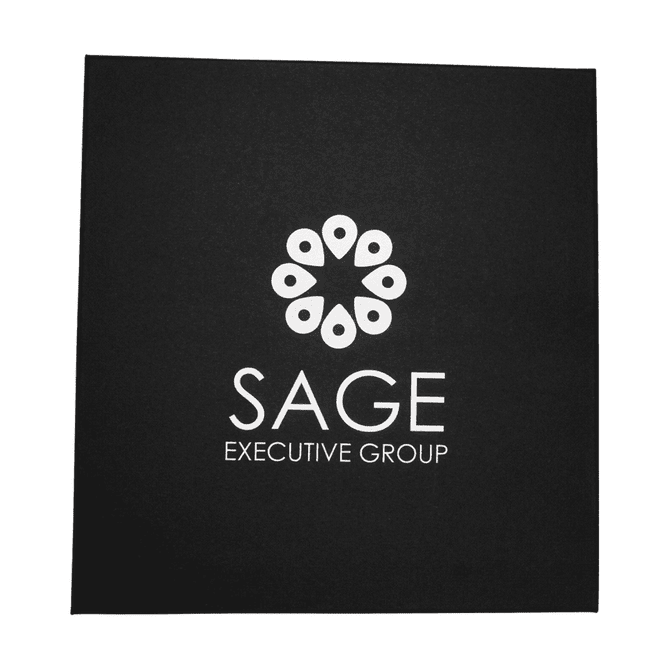 A square black wine box featuring a logo and the name "SAGE EXECUTIVE GROUP" in white text.