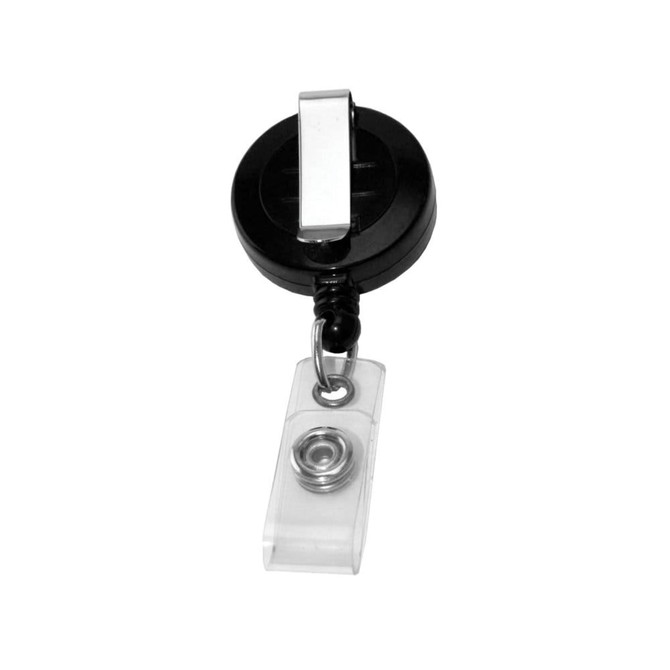 A black retractable badge holder with a silver clip and transparent badge reel attachment.