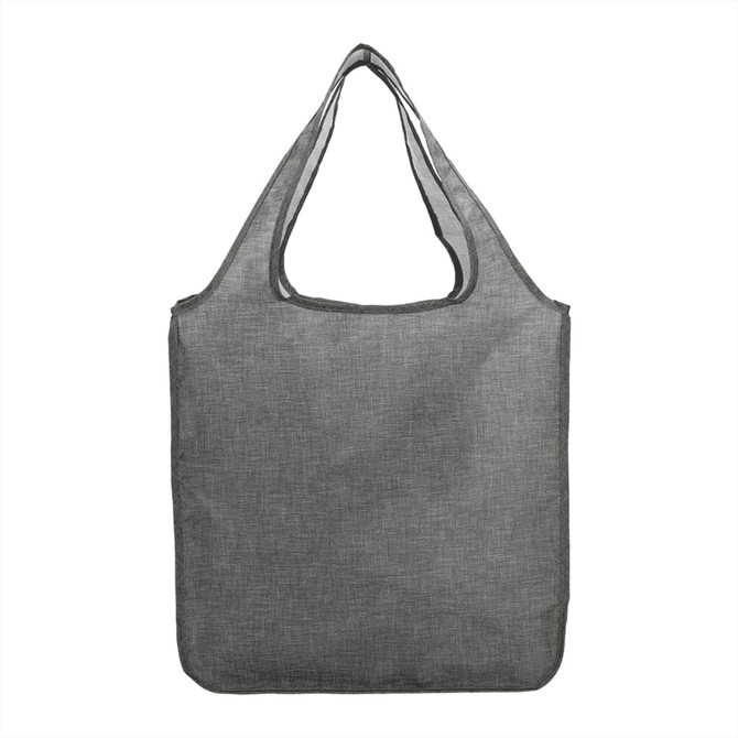 A grey reusable shopping tote, featuring a sturdy design and a carry handle, with a visible logo.