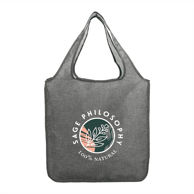 A grey reusable grocery bag with a logo featuring leafy designs. Suitable for shopping or carrying items.