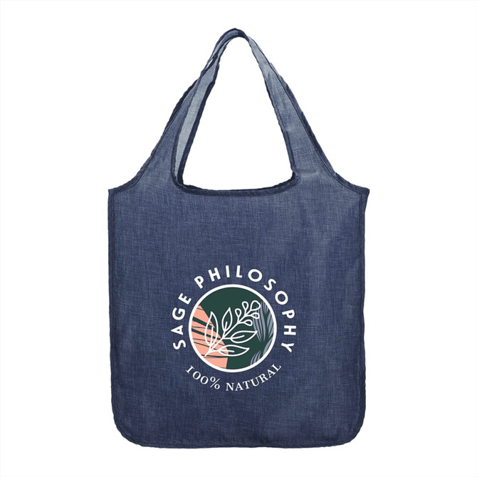 A blue reusable grocery tote bag featuring a circular logo with graphic elements.