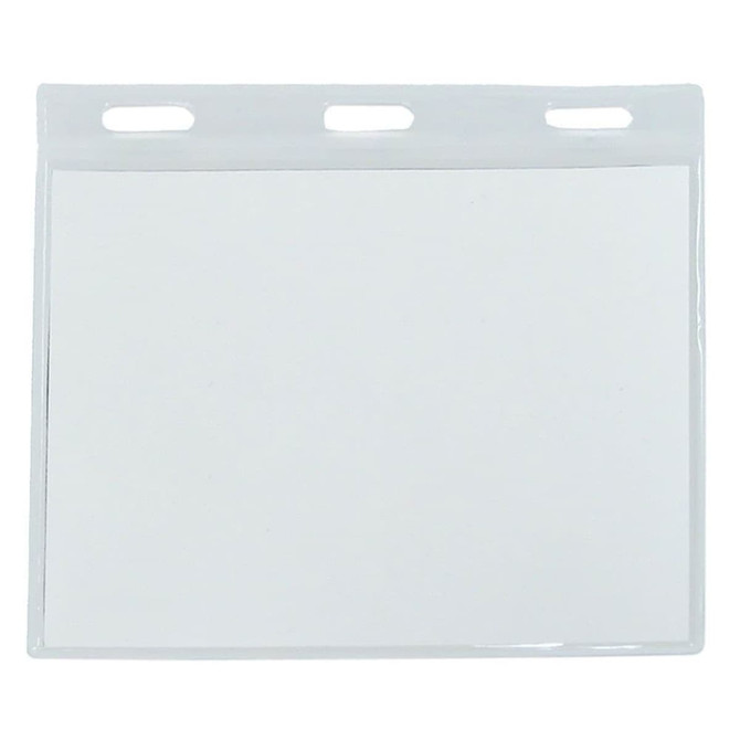 A clear, flexible plastic name badge holder with three holes for attachment. Suitable for display at events and exhibitions.