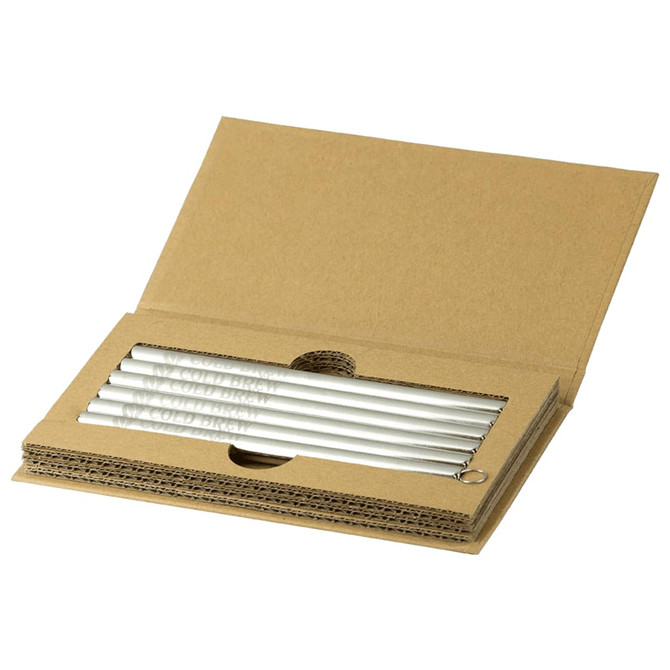 A set of stainless steel straws in a brown cardboard packaging with a logo. The straws are silver and sleek.