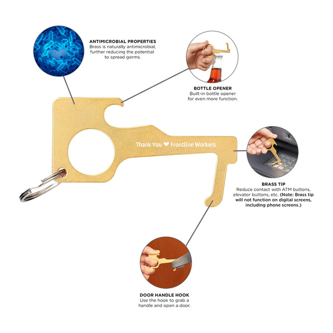 A gold keychain tool with antibacterial brass, featuring a bottle opener, a door handle hook, and a branding logo.
