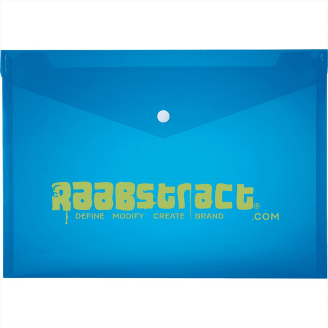 A blue plastic folder with a button closure and a branding logo on the front.