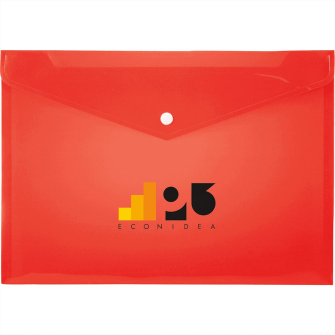 A red plastic envelope with a snap closure and a logo in black and yellow on the front.