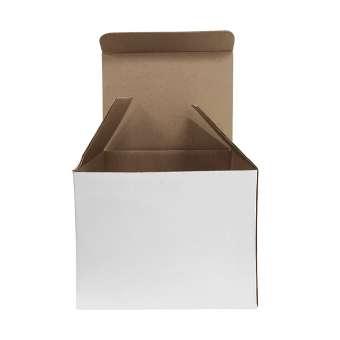 A white cardboard box with an open top and flaps, designed for packaging. No branding is visible.