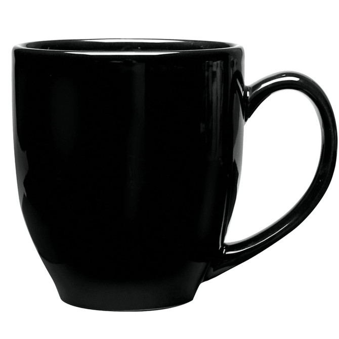 A coffee mug with a glossy black finish, featuring a curved handle and a tapered base.